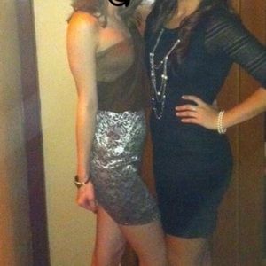 Off the shoulder brown and sliver dress